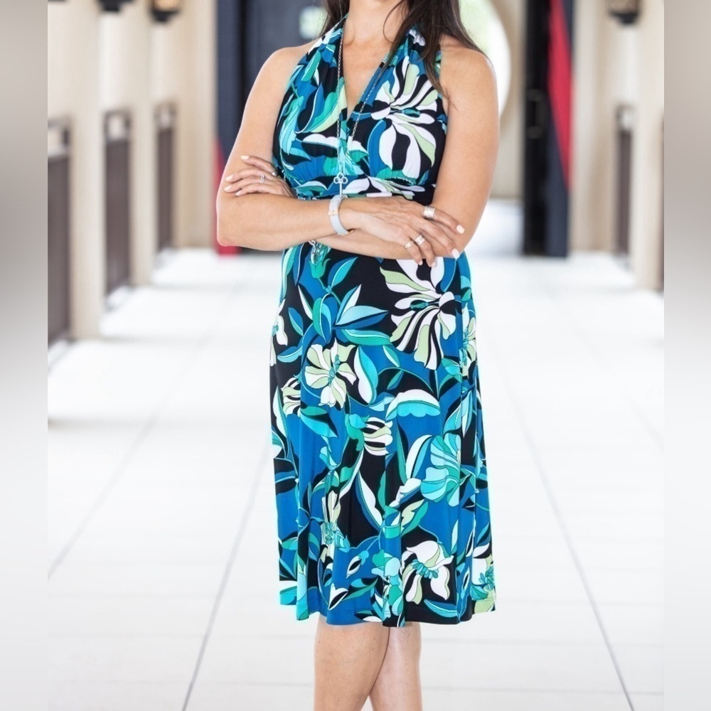 Evan Picone Halter Dress Pucci Floral Blue Black Green White Sleeveless Slinky